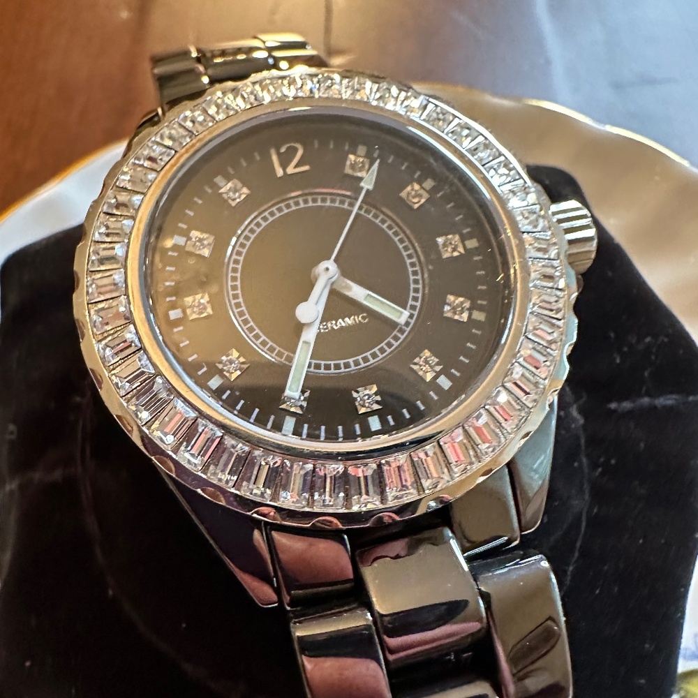BLACK CERAMIC WATCH Real Collectibles by Adrienne with Crystals Around Face